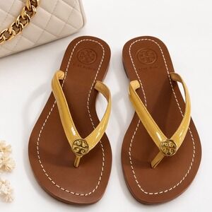 Tory Burch Brown Leather Flip Sandals with Yellow Patent Straps